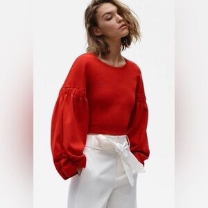Women’s ZARA Medium Red Cropped Puff Sleeve Top